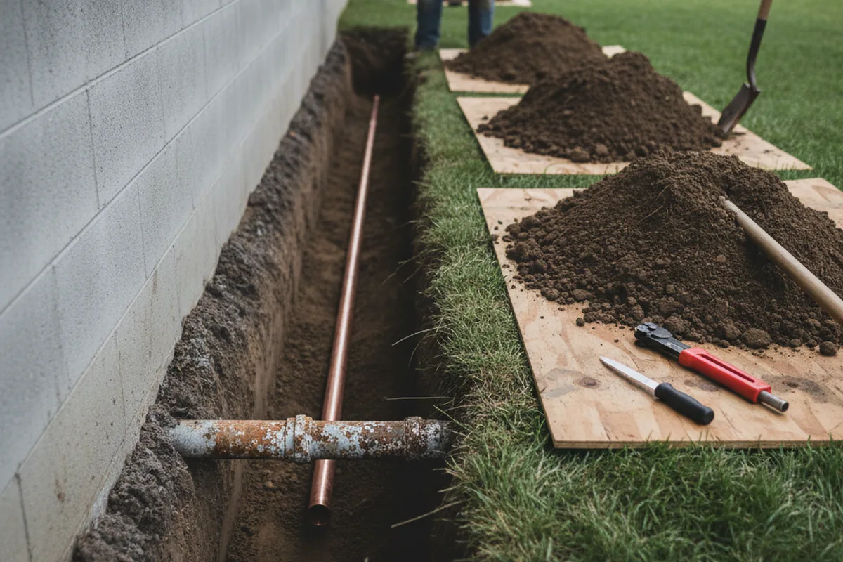 Excavated water line trench during Water Heater Repair in Central Square